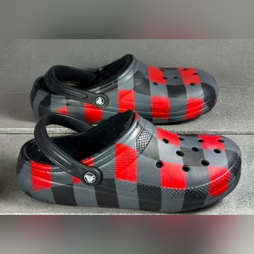 CROCS Red and Black Plaid Boat Shoes